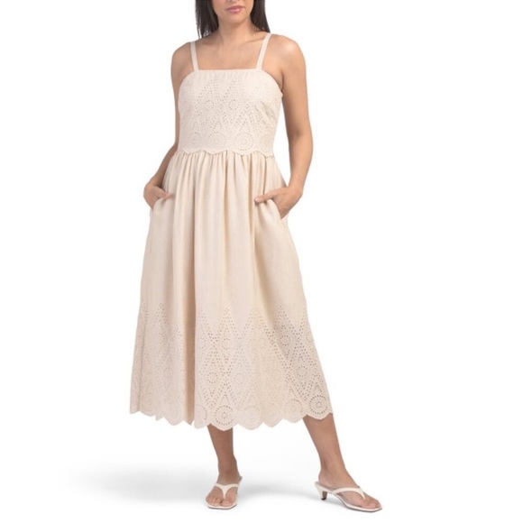 ELIE TAHARI sand linen blend maxi dress. Eyelet detail w pockets ! Pure class! 8 - Picture 1 of 6